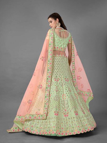 Myra Beautiful Pista Heavy Embroidered Art Silk Bridal Lehenga