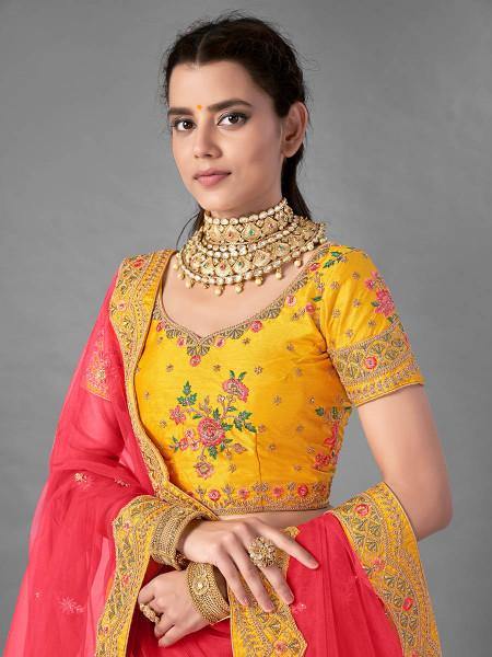 Myra Beautiful Yellow Heavy Embroidered Art Silk Bridal Lehenga