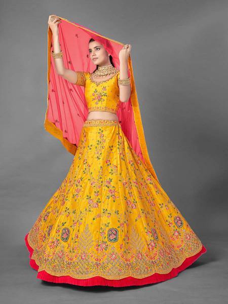 Myra Beautiful Yellow Heavy Embroidered Art Silk Bridal Lehenga