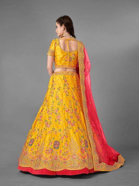 Myra Beautiful Yellow Heavy Embroidered Art Silk Bridal Lehenga
