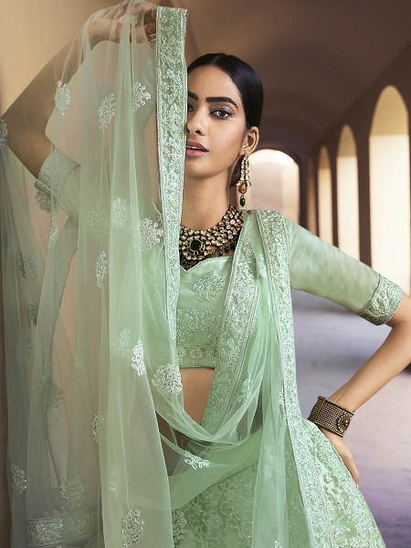 Myra Green Heavy Embroidered Soft Net Bridal Lehenga 