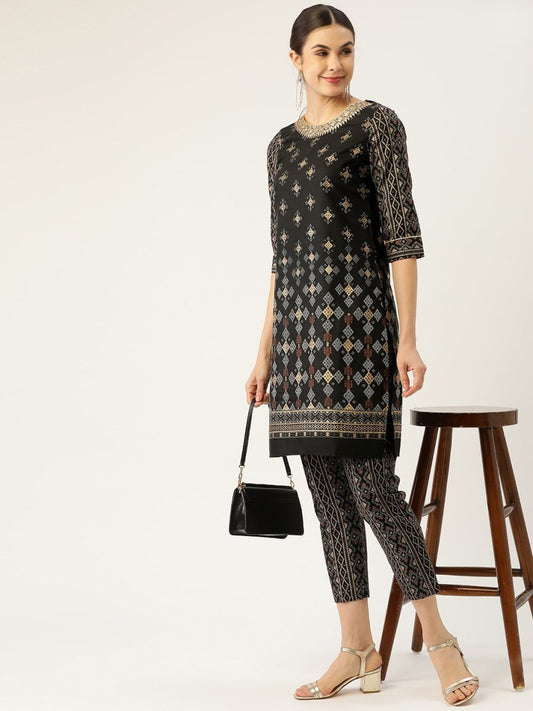 All About You Women Black & Golden Printed Sequinned Kurta with Trousers