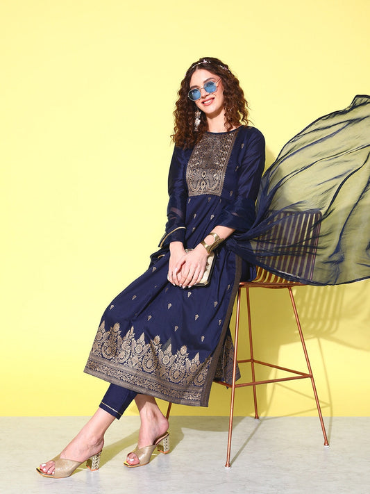 Sangria Floral Yoke Design Pleated Chanderi Silk Kurta with Trousers & With Dupatta - Grab2buy