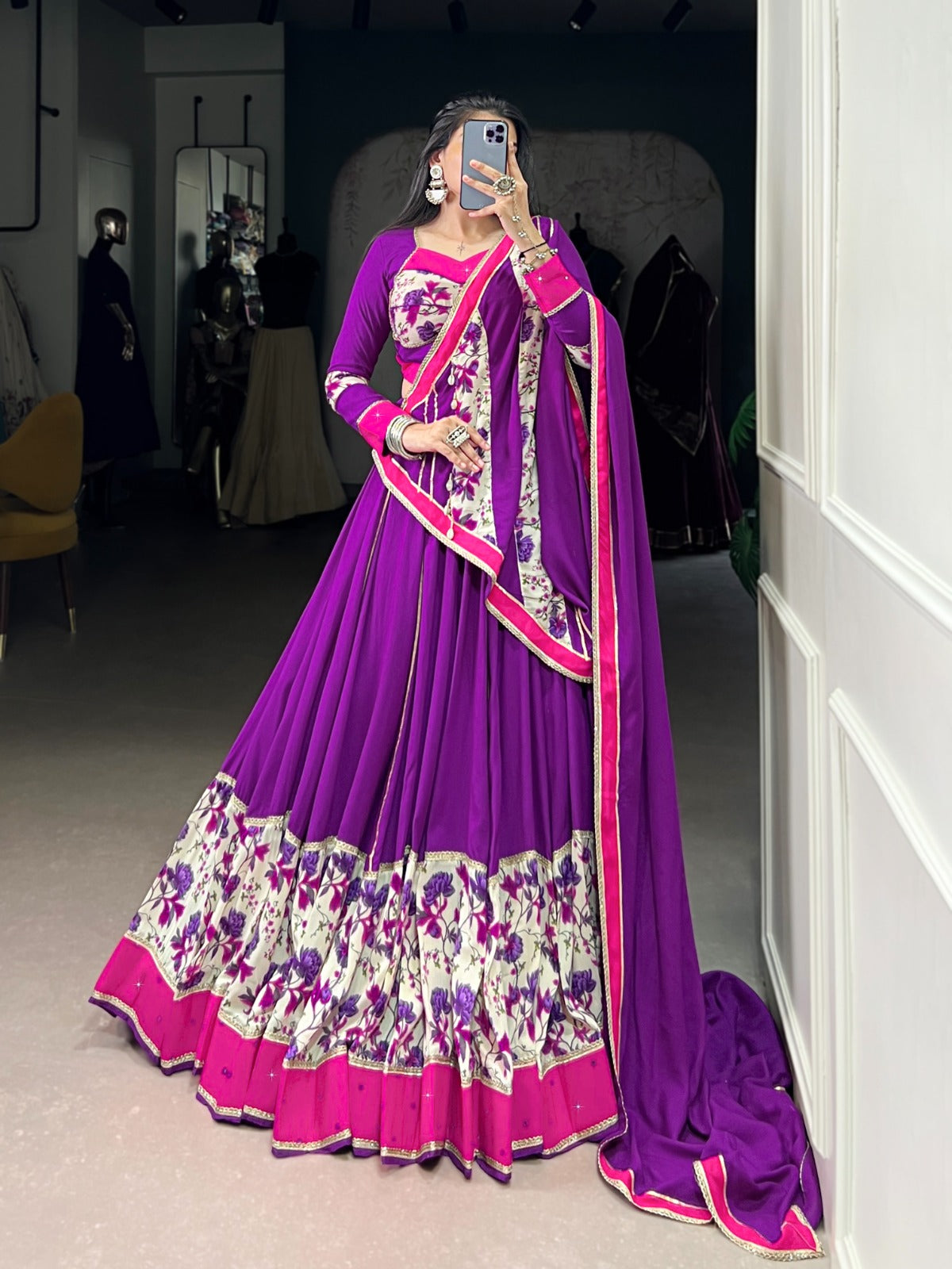 Lorenvalley Fashion Purple Pure Rayon Printed And Original Mirror Hand Work With Lace Touch Up Lehenga Choli with Dupatta 