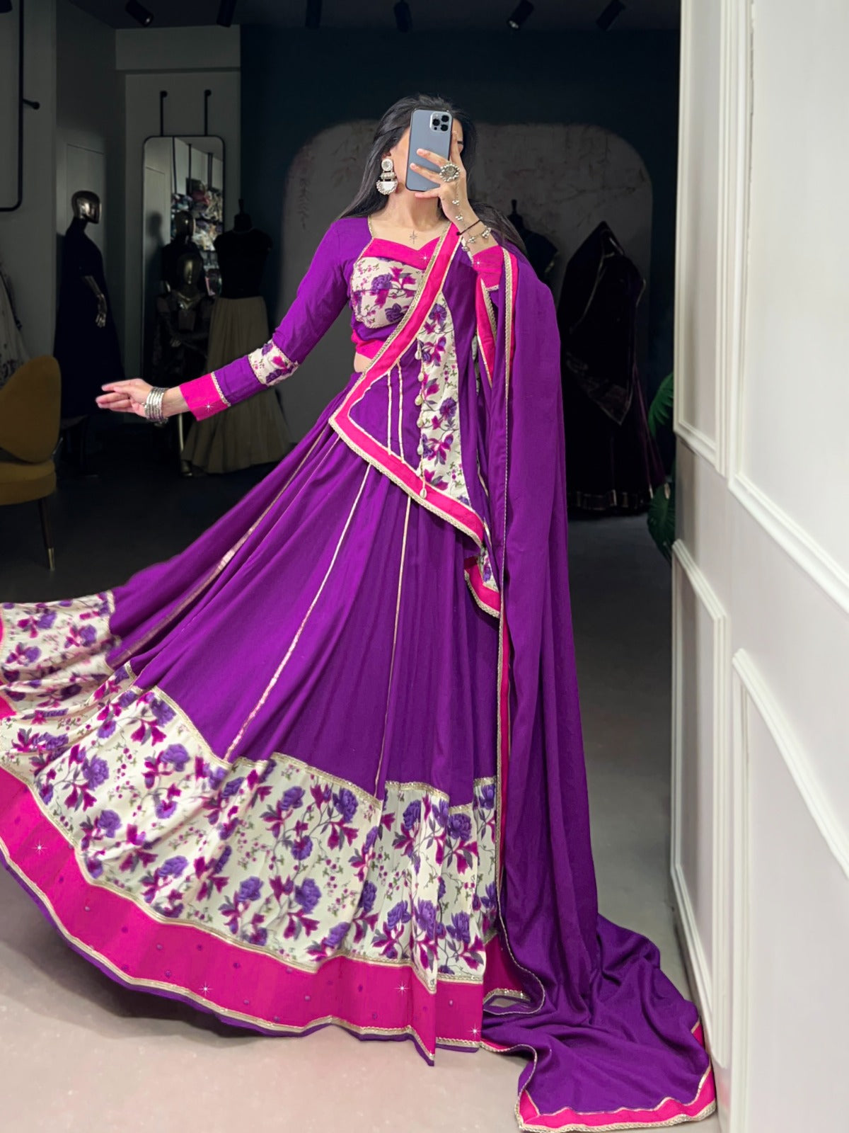 Lorenvalley Fashion Purple Pure Rayon Printed And Original Mirror Hand Work With Lace Touch Up Lehenga Choli with Dupatta 