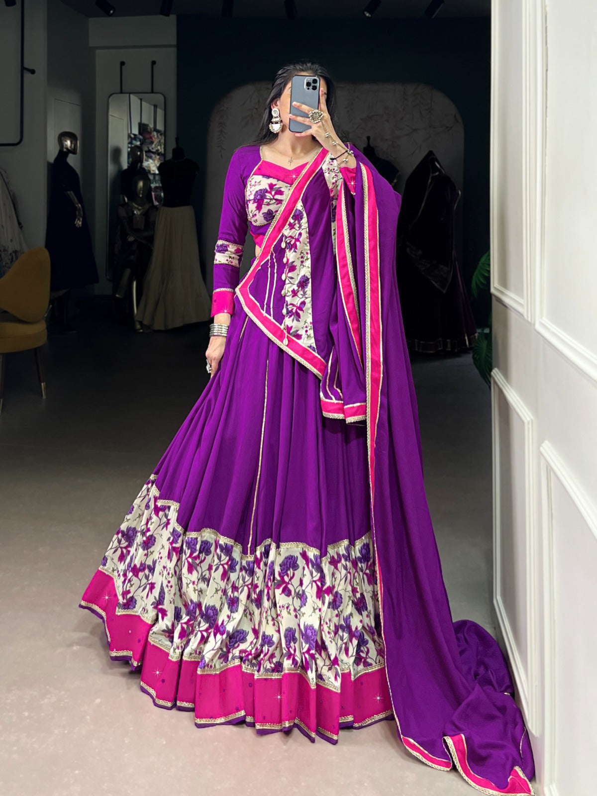 Lorenvalley Fashion Purple Pure Rayon Printed And Original Mirror Hand Work With Lace Touch Up Lehenga Choli with Dupatta 