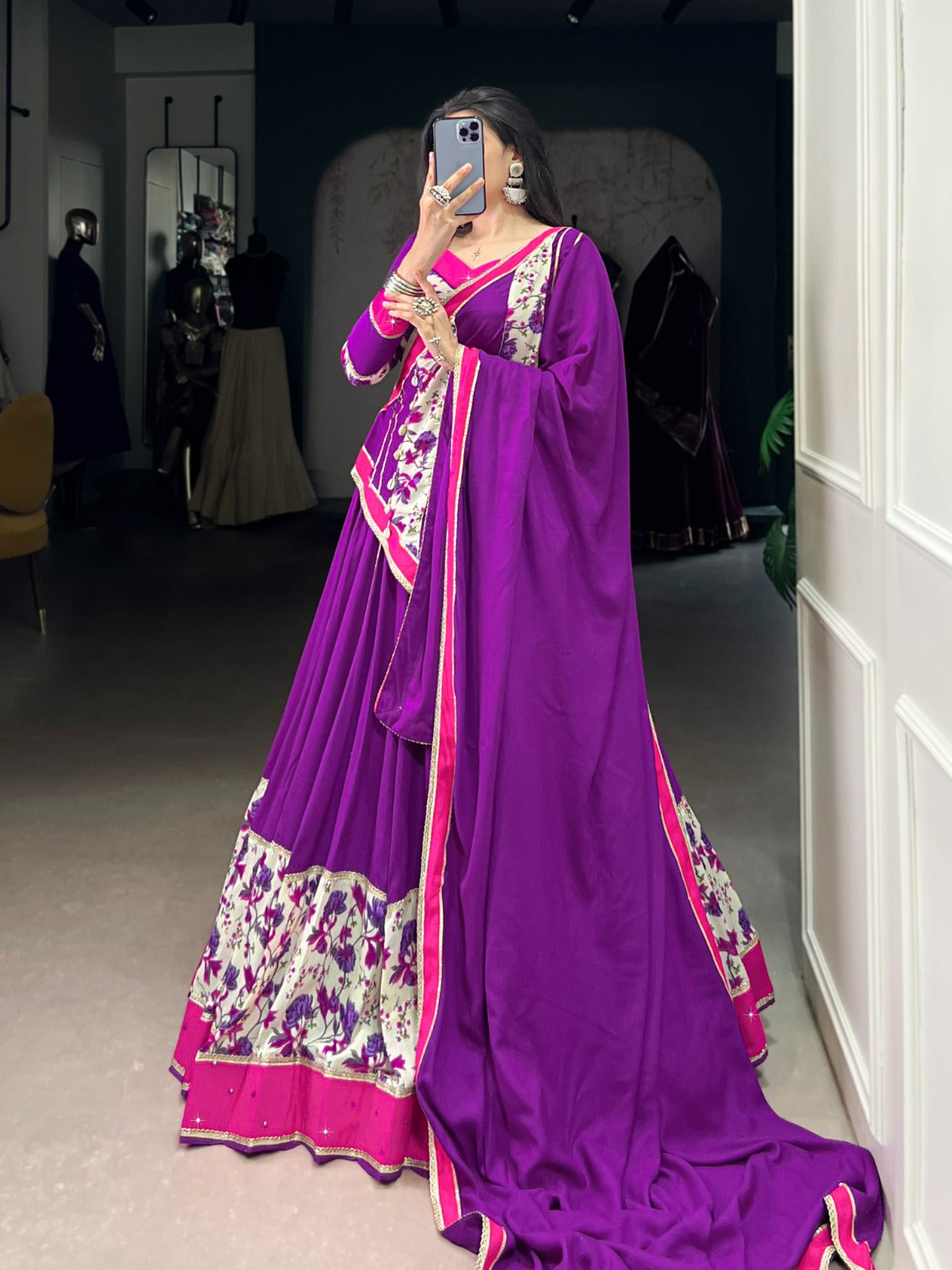 Lorenvalley Fashion Purple Pure Rayon Printed And Original Mirror Hand Work With Lace Touch Up Lehenga Choli with Dupatta 