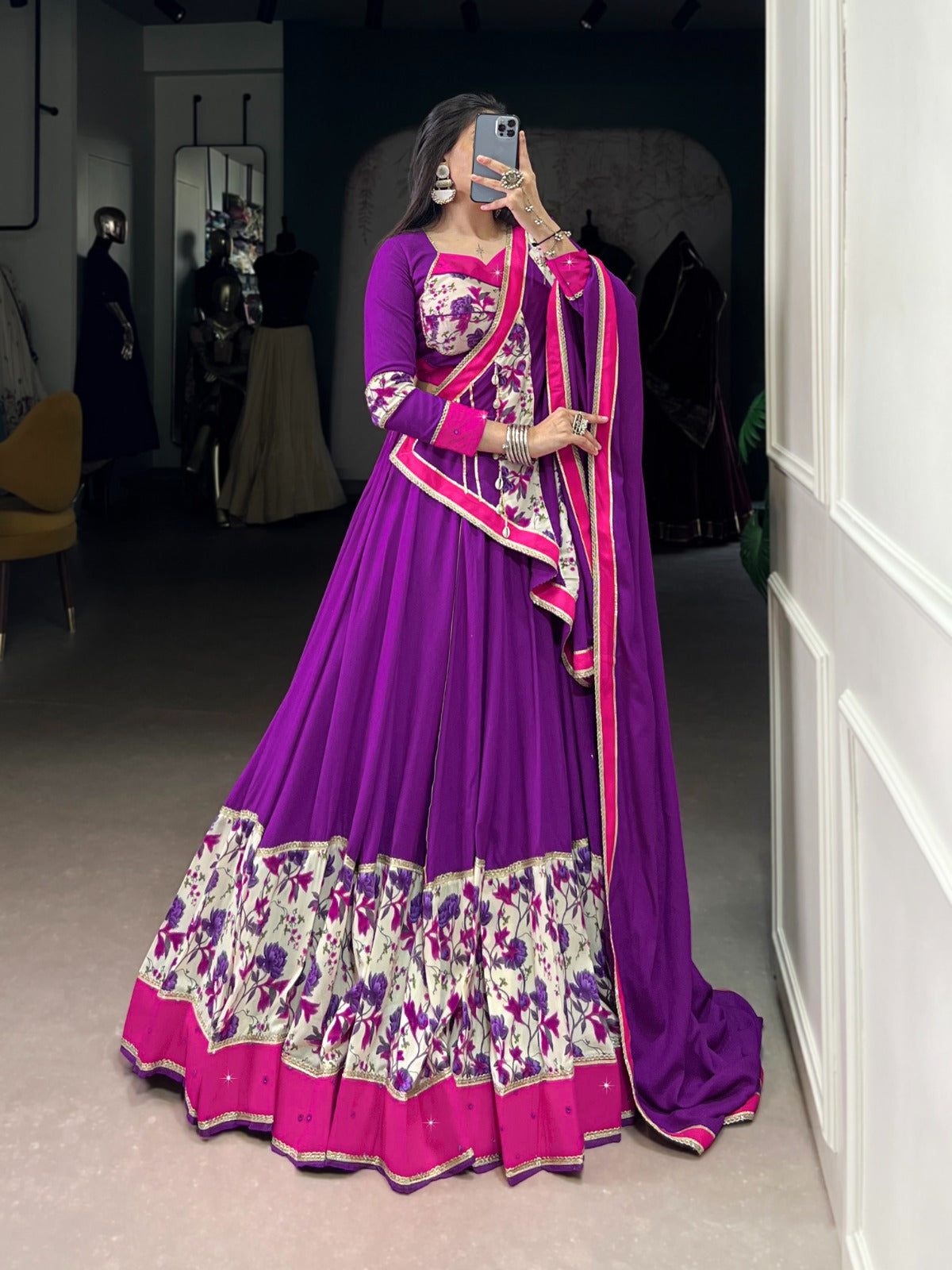 Lorenvalley Fashion Purple Pure Rayon Printed And Original Mirror Hand Work With Lace Touch Up Lehenga Choli with Dupatta 