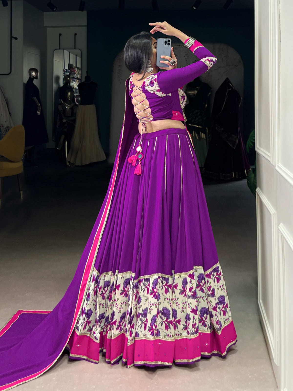 Lorenvalley Fashion Purple Pure Rayon Printed And Original Mirror Hand Work With Lace Touch Up Lehenga Choli with Dupatta 
