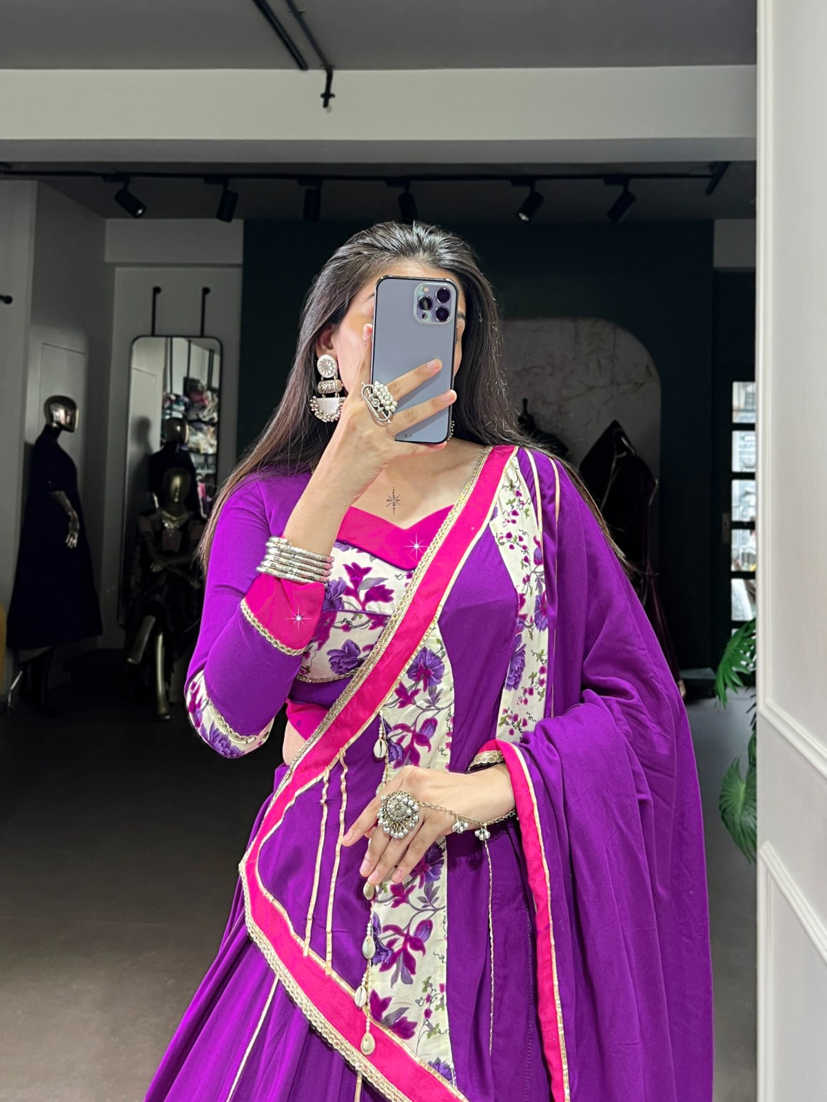 Lorenvalley Fashion Purple Pure Rayon Printed And Original Mirror Hand Work With Lace Touch Up Lehenga Choli with Dupatta 