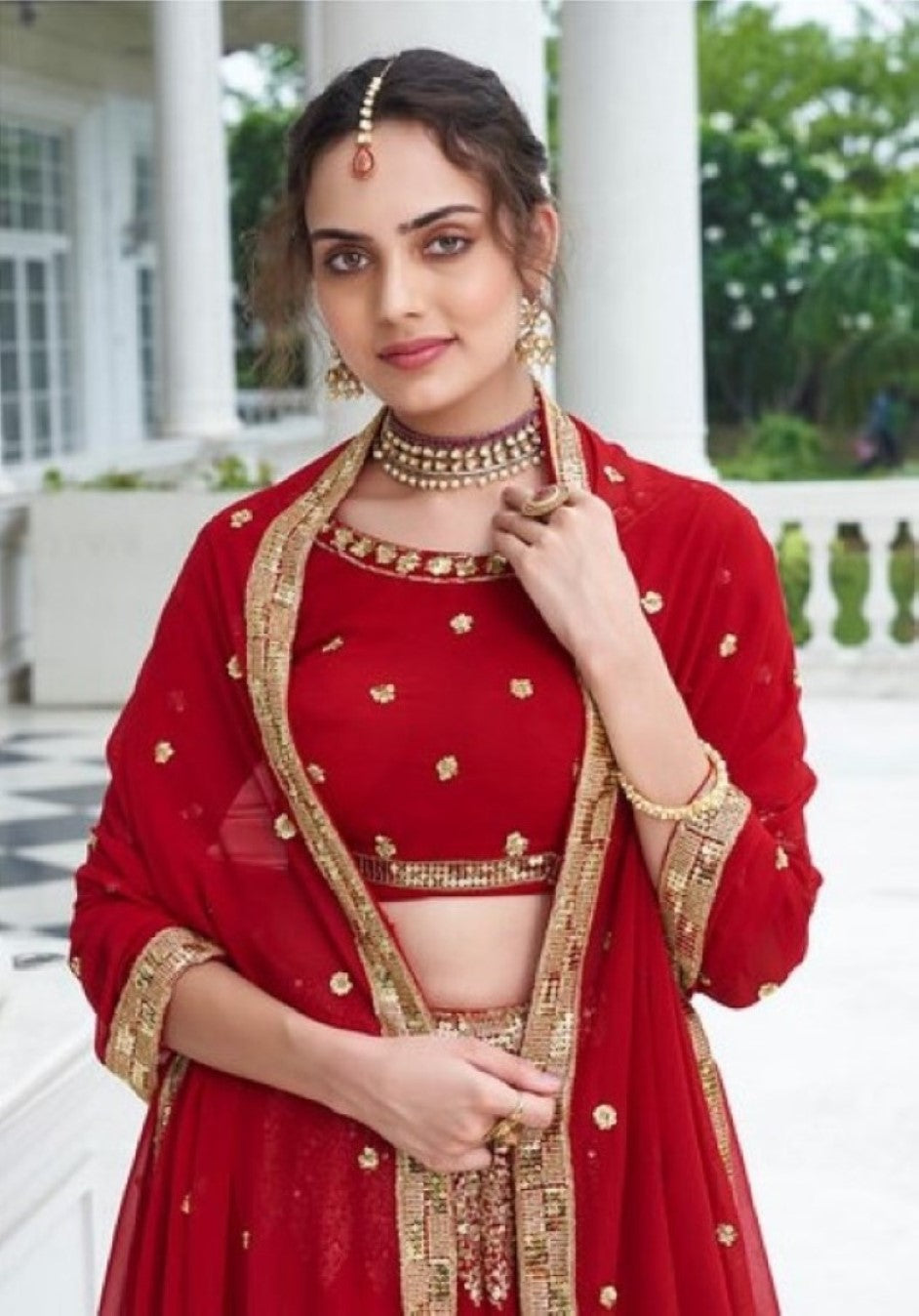 Anaita Red Georgette Lehenga Choli With Sequence & Thread Work