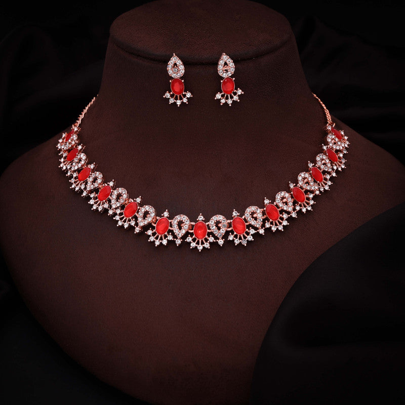 Tehzeeb Creations Red Colour Ad Studded Necklace Jewellery Set With Matching Earrings For Women And Girls Tehzeeb Creations