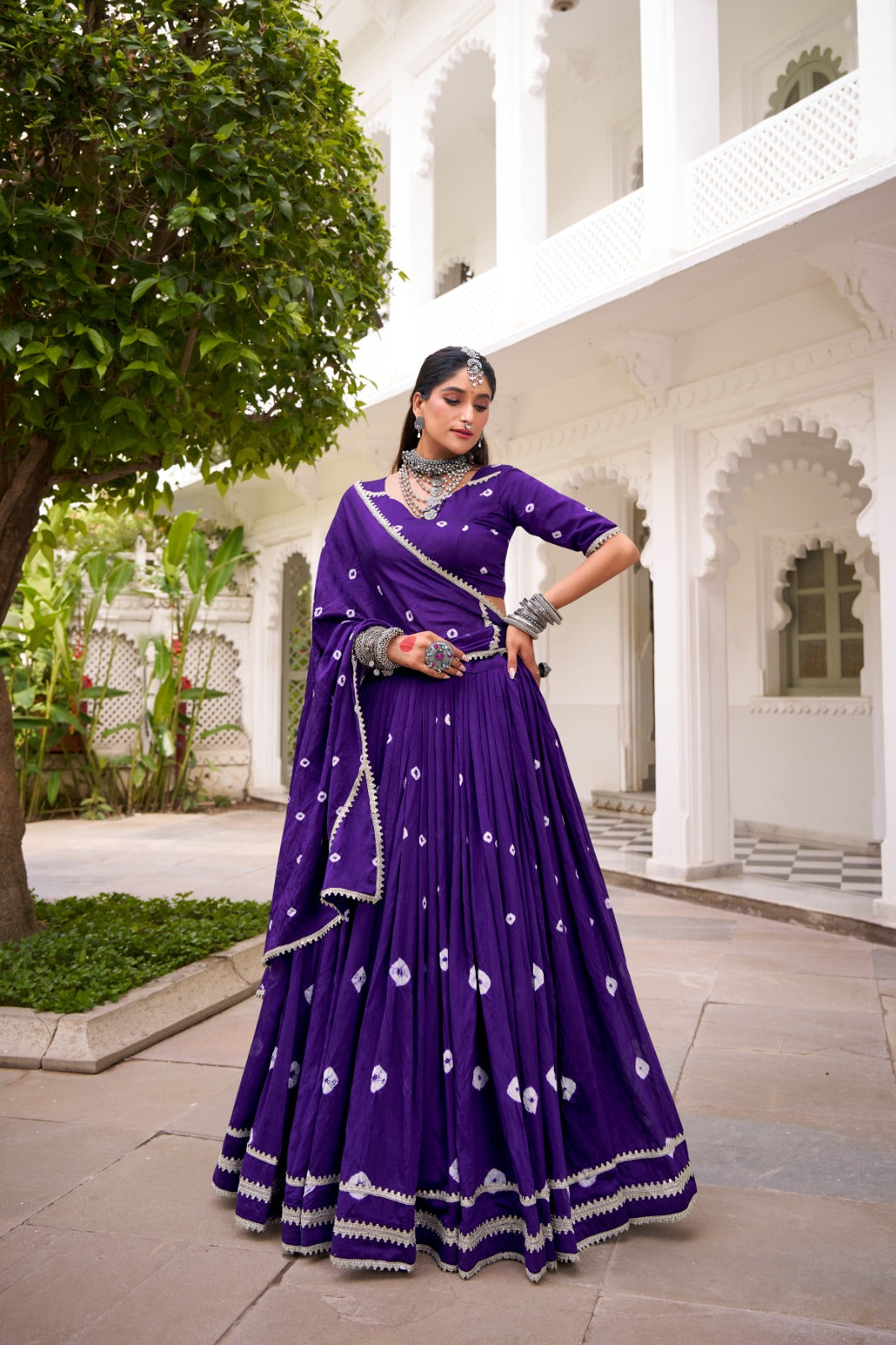 Lorenvalley Fashion Purple Pure Chanderi Bandhej Print With Lace Touch Up Lehenga Choli with Dupatta 