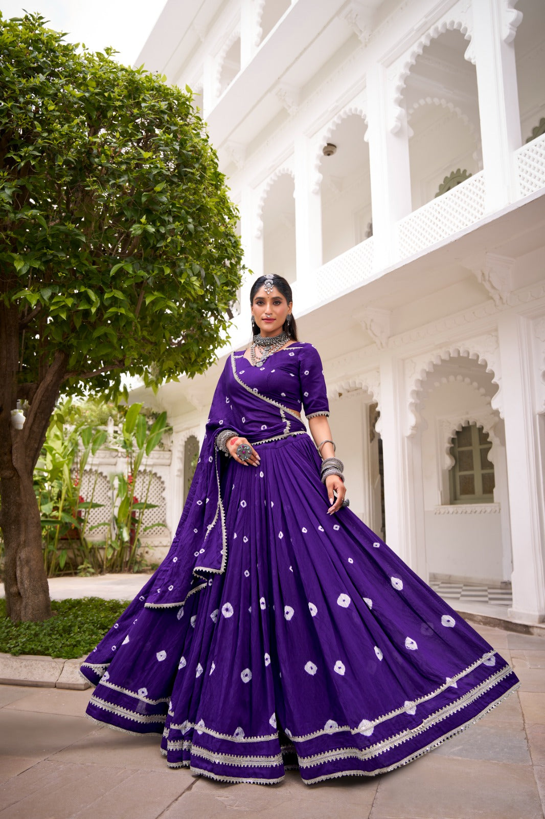 Lorenvalley Fashion Purple Pure Chanderi Bandhej Print With Lace Touch Up Lehenga Choli with Dupatta 