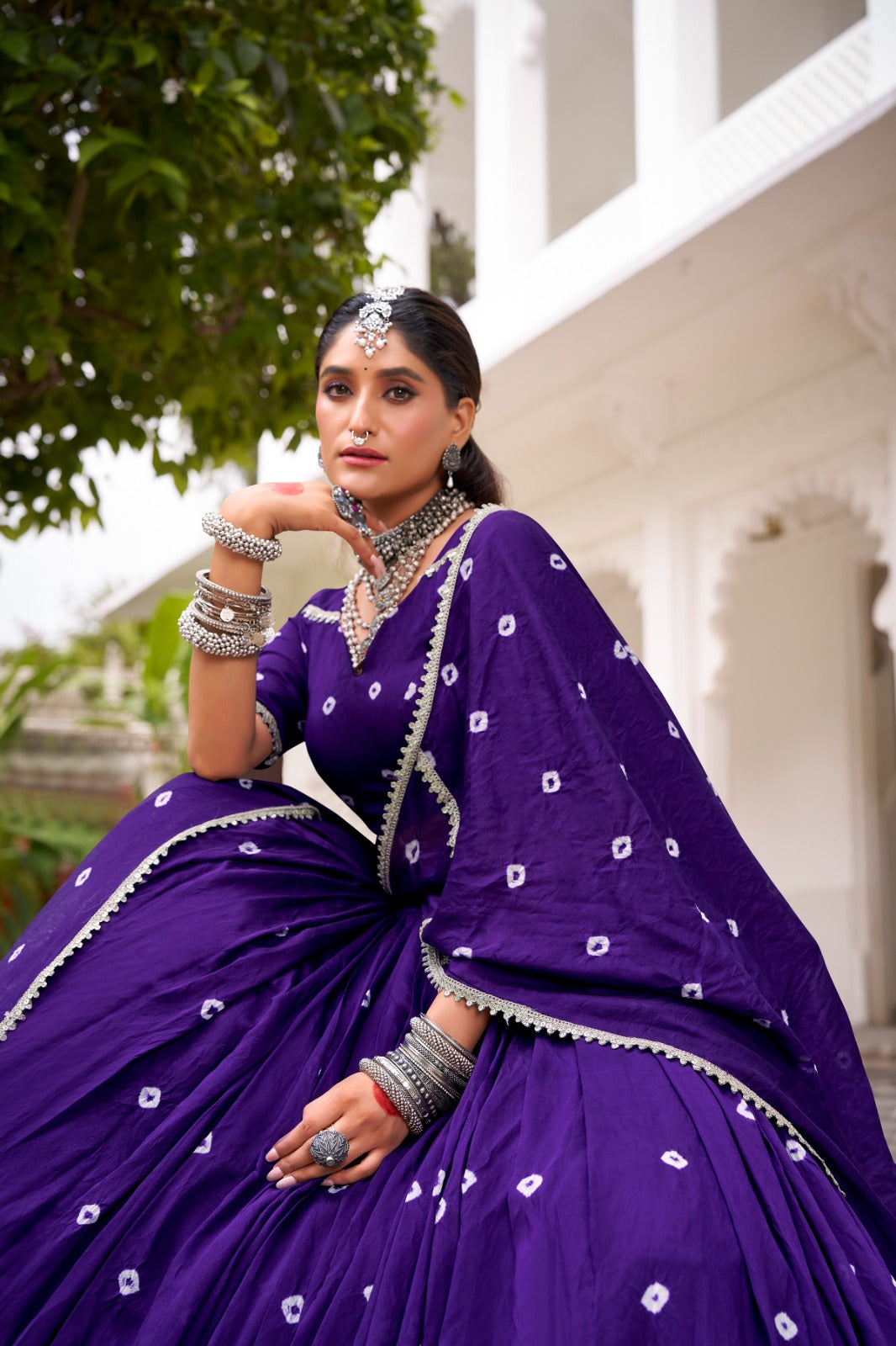 Lorenvalley Fashion Purple Pure Chanderi Bandhej Print With Lace Touch Up Lehenga Choli with Dupatta 