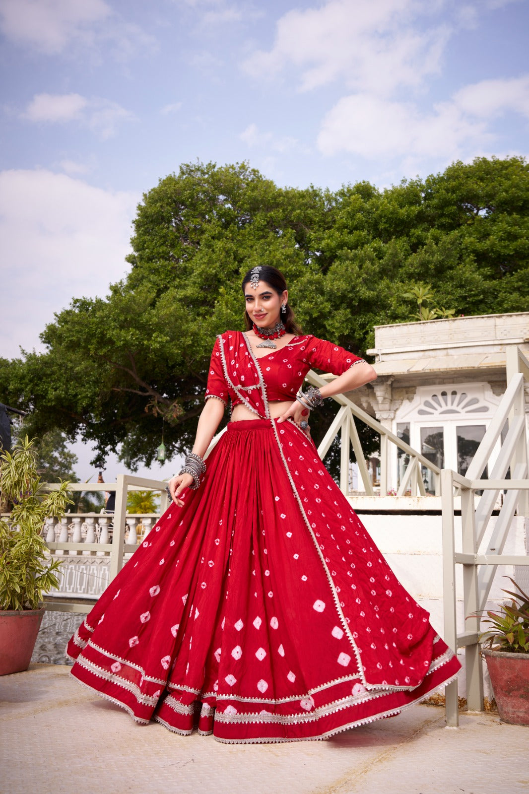 Lorenvalley Fashion Red Pure Chanderi Bandhej Print With Lace Touch Up Lehenga Choli with Dupatta 