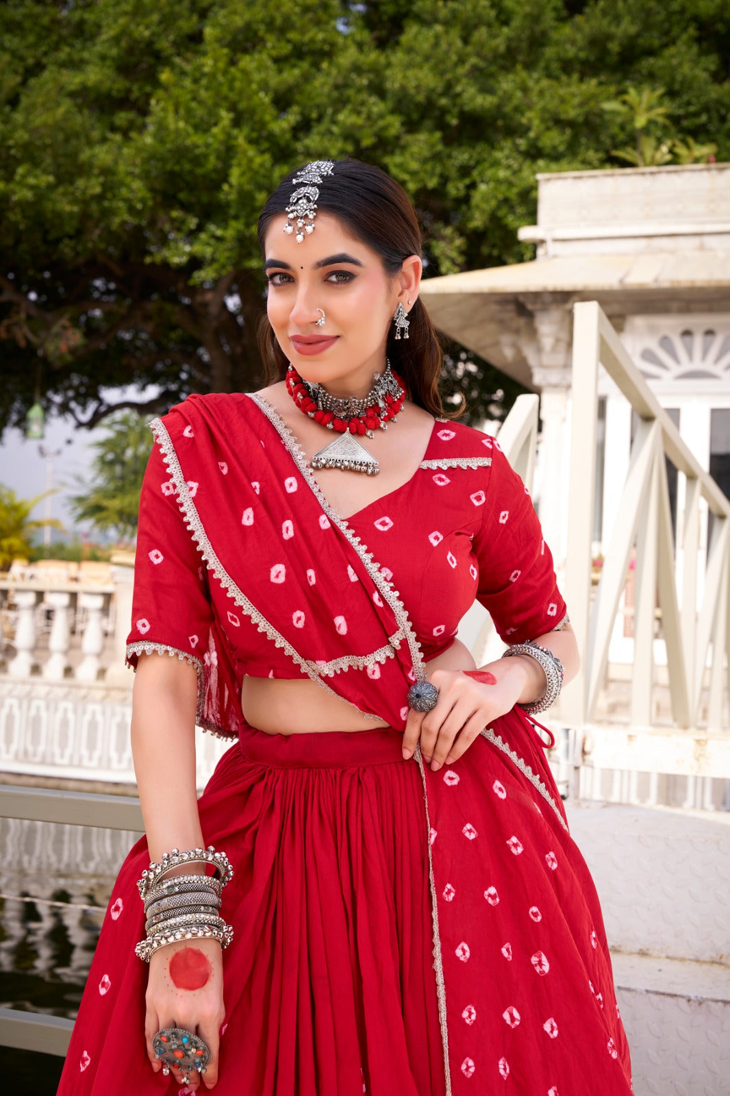 Lorenvalley Fashion Red Pure Chanderi Bandhej Print With Lace Touch Up Lehenga Choli with Dupatta 
