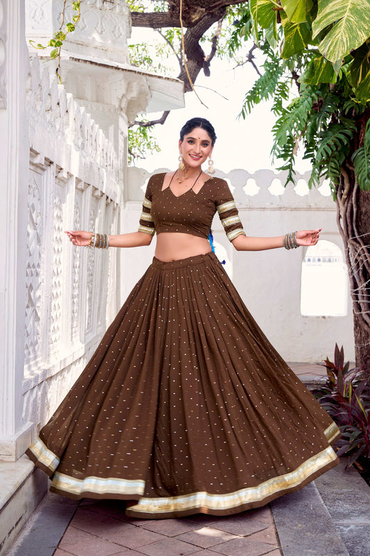 Lorenvalley Fashion Brown Pure Chanderi Zari Weaving Work With Embossed Design Lace Touch Up Lehenga Choli with Dupatta 