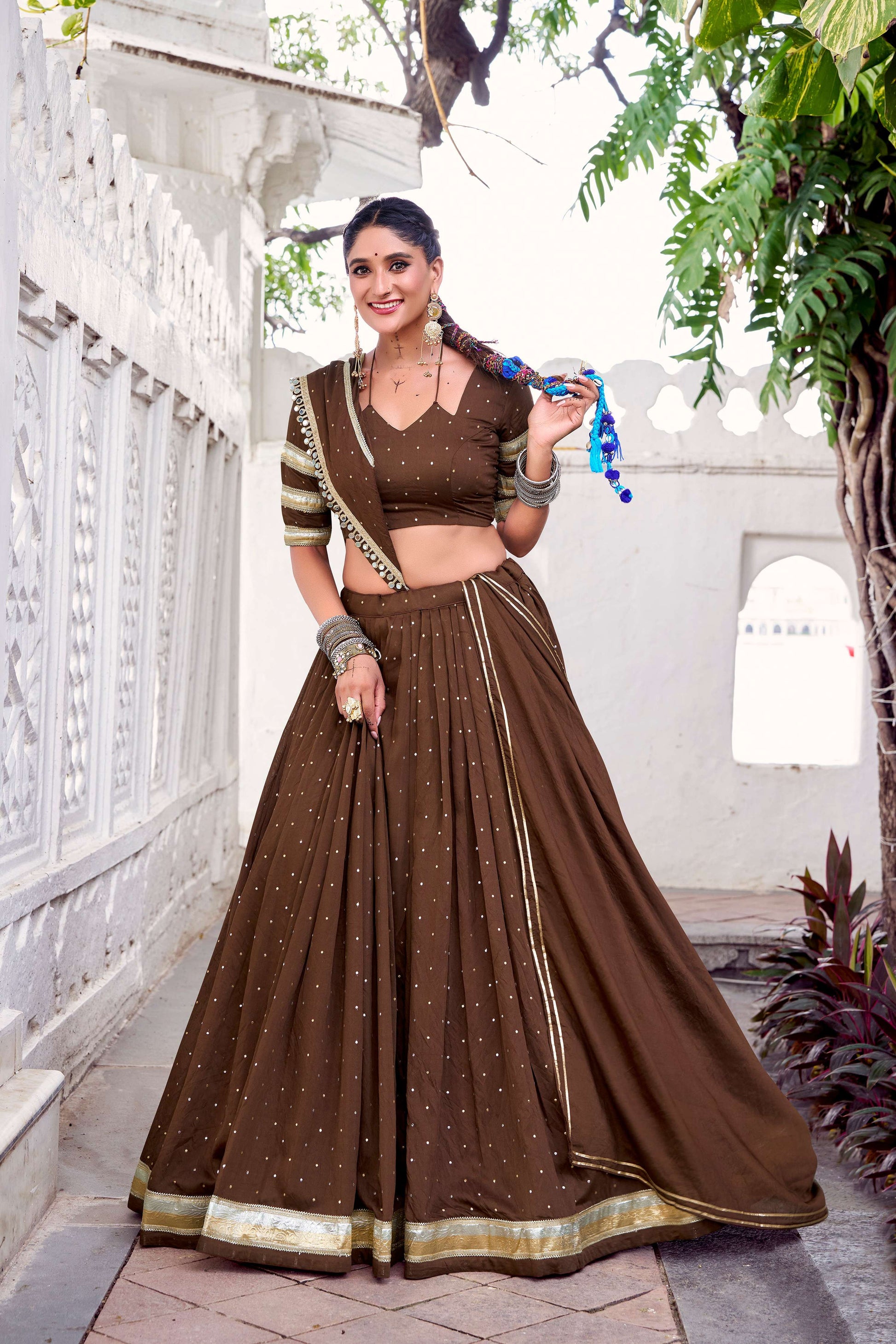 Lorenvalley Fashion Brown Pure Chanderi Zari Weaving Work With Embossed Design Lace Touch Up Lehenga Choli with Dupatta 