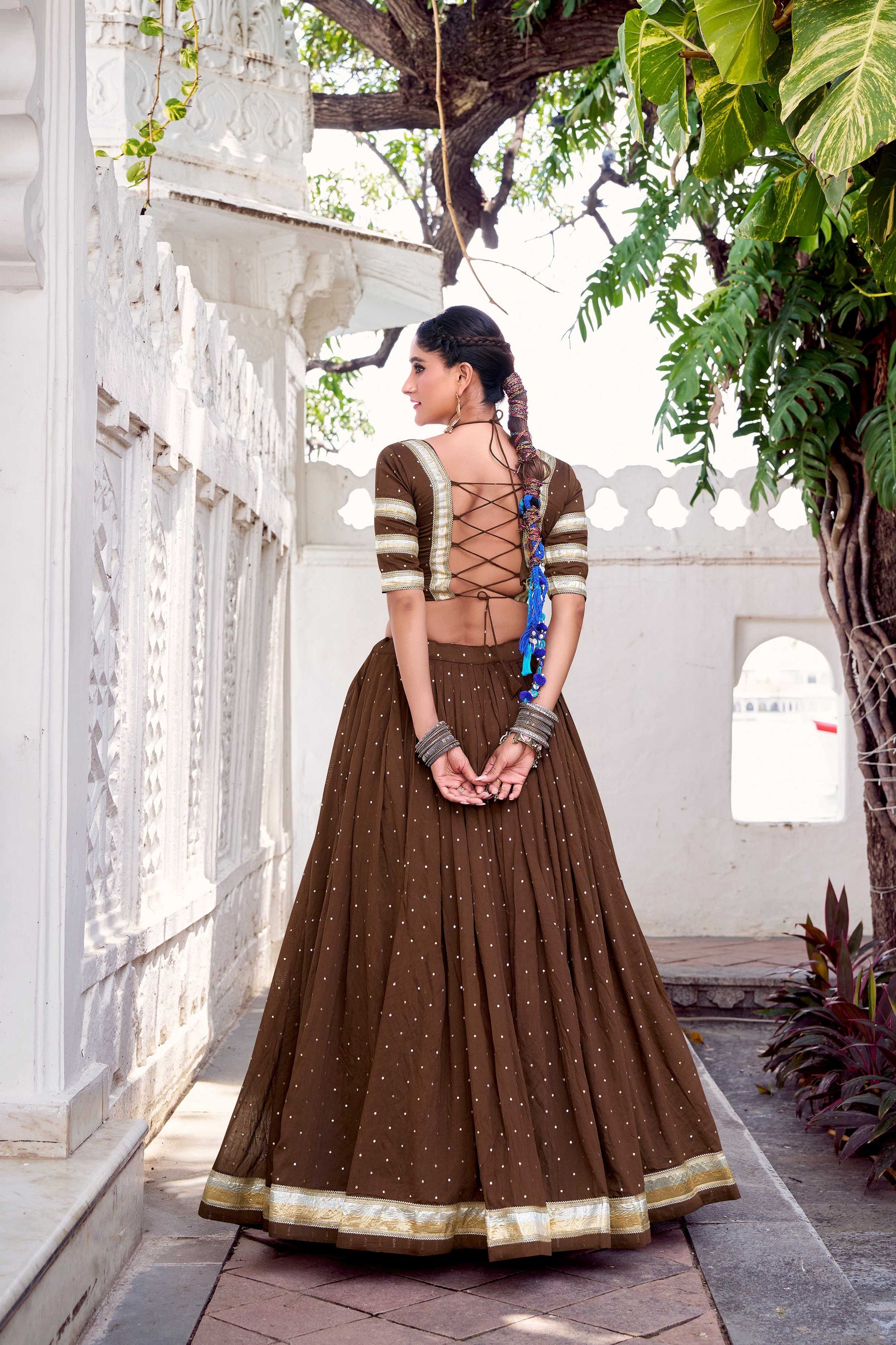 Lorenvalley Fashion Brown Pure Chanderi Zari Weaving Work With Embossed Design Lace Touch Up Lehenga Choli with Dupatta 