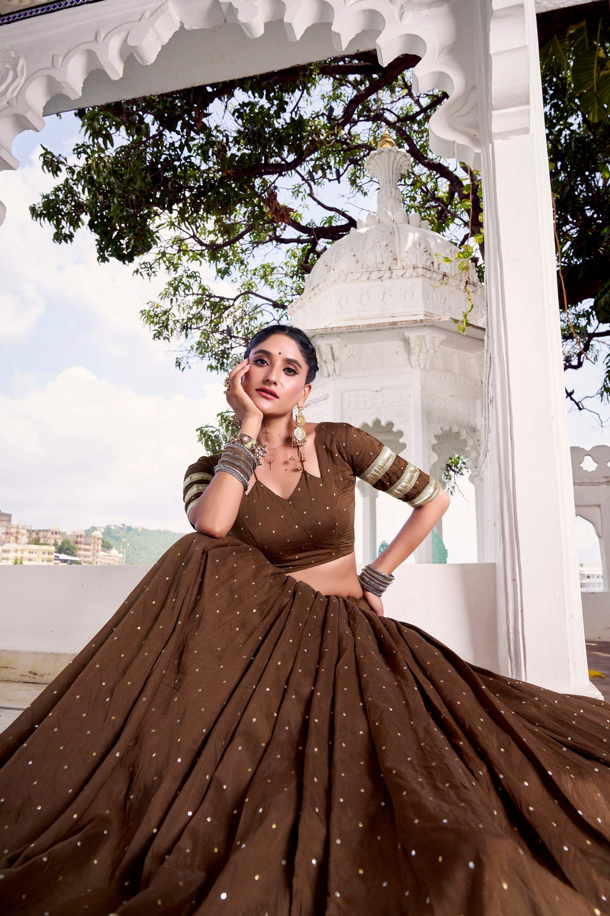 Lorenvalley Fashion Brown Pure Chanderi Zari Weaving Work With Embossed Design Lace Touch Up Lehenga Choli with Dupatta 