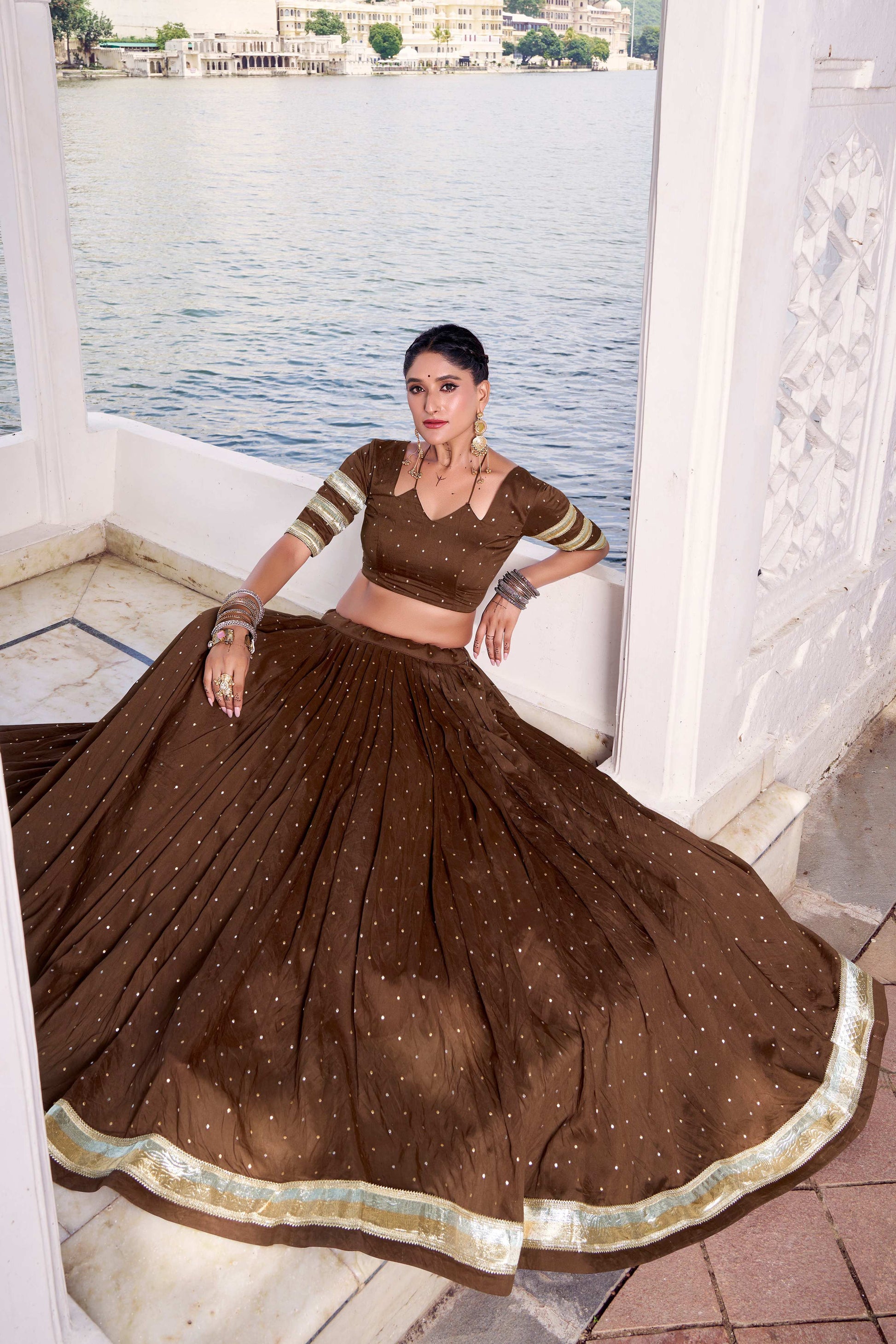 Lorenvalley Fashion Brown Pure Chanderi Zari Weaving Work With Embossed Design Lace Touch Up Lehenga Choli with Dupatta 