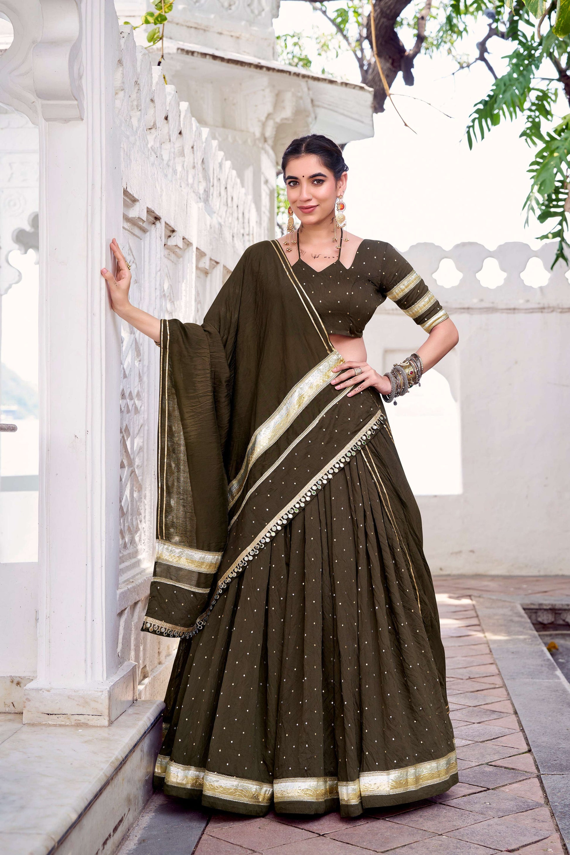 Lorenvalley Fashion Mahendi Pure Chanderi Zari Weaving Work With Embossed Design Lace Touch Up Lehenga Choli with Dupatta 