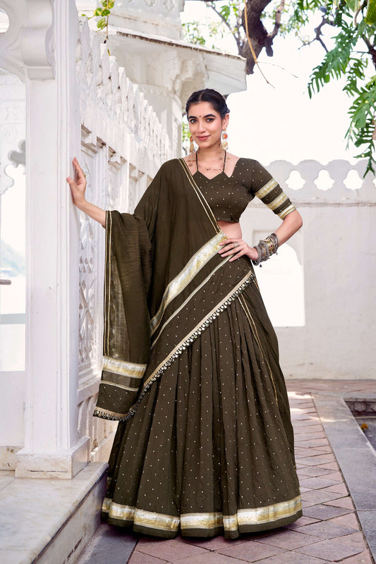Lorenvalley Fashion Mahendi Pure Chanderi Zari Weaving Work With Embossed Design Lace Touch Up Lehenga Choli with Dupatta 
