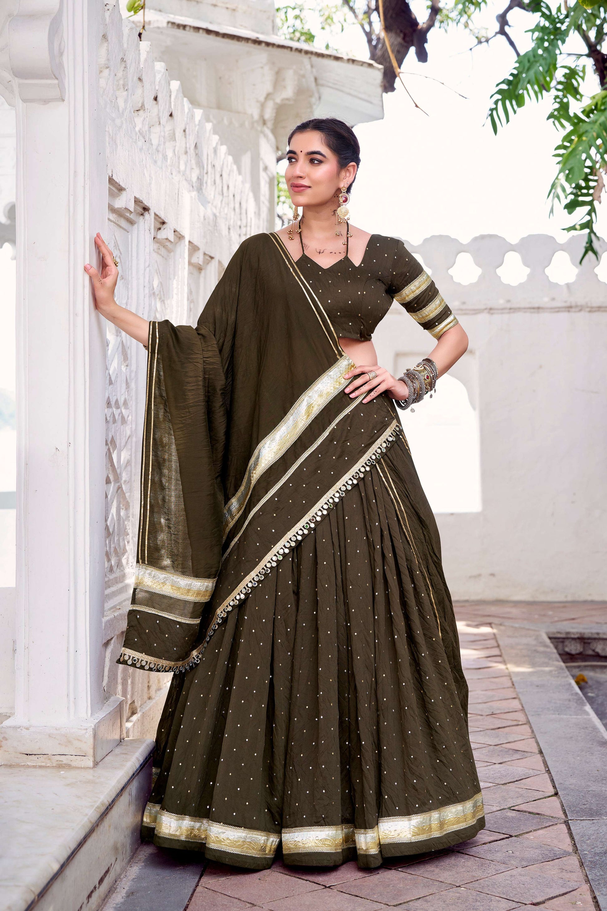 Lorenvalley Fashion Mahendi Pure Chanderi Zari Weaving Work With Embossed Design Lace Touch Up Lehenga Choli with Dupatta 