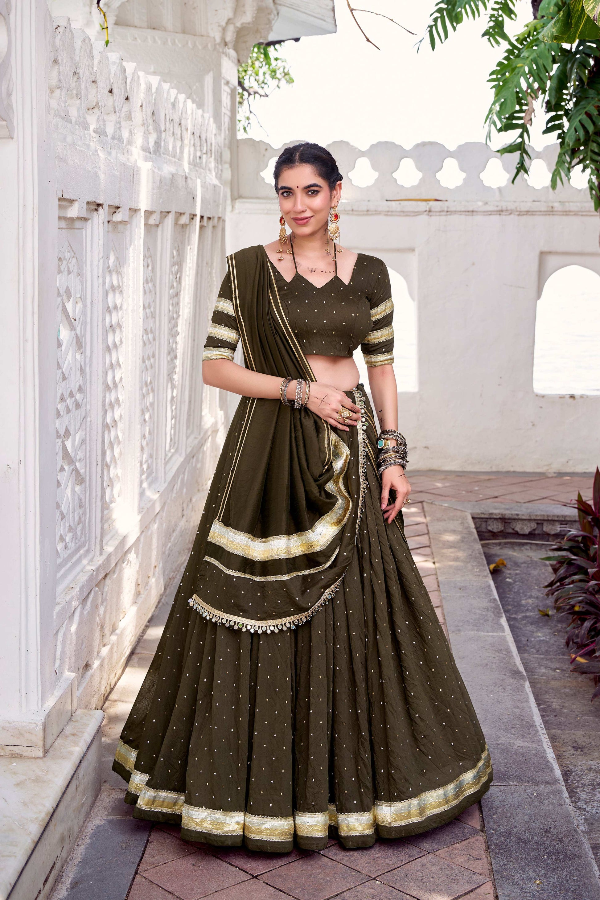 Lorenvalley Fashion Mahendi Pure Chanderi Zari Weaving Work With Embossed Design Lace Touch Up Lehenga Choli with Dupatta 
