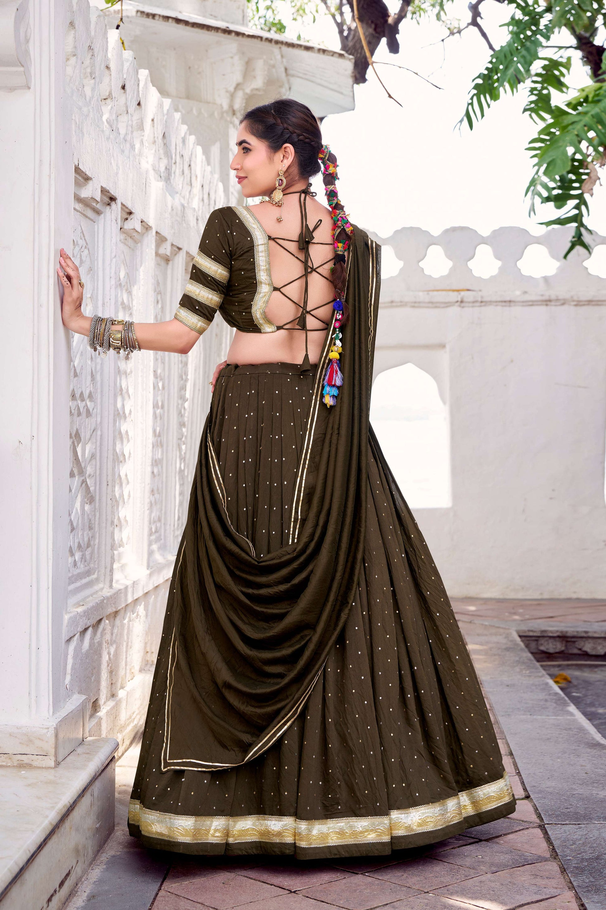Lorenvalley Fashion Mahendi Pure Chanderi Zari Weaving Work With Embossed Design Lace Touch Up Lehenga Choli with Dupatta 