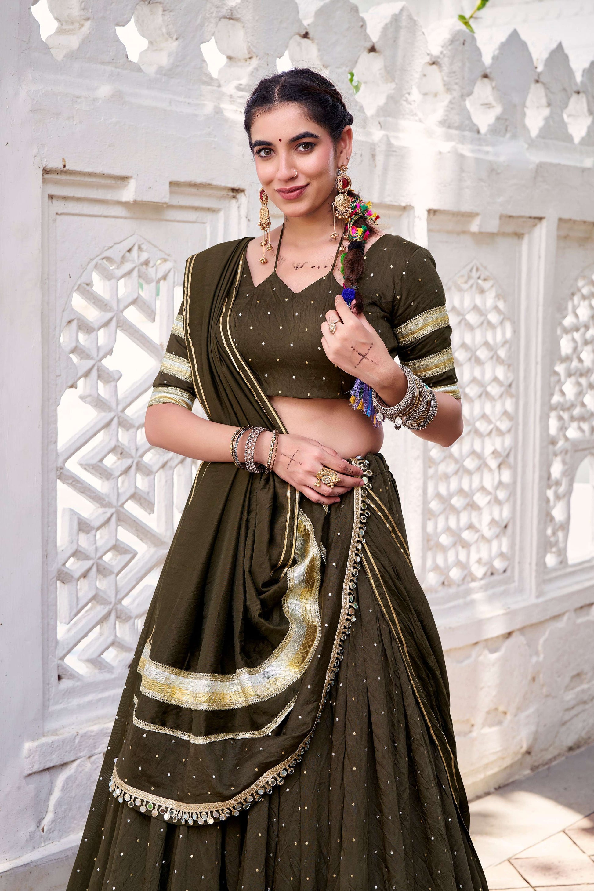 Lorenvalley Fashion Mahendi Pure Chanderi Zari Weaving Work With Embossed Design Lace Touch Up Lehenga Choli with Dupatta 
