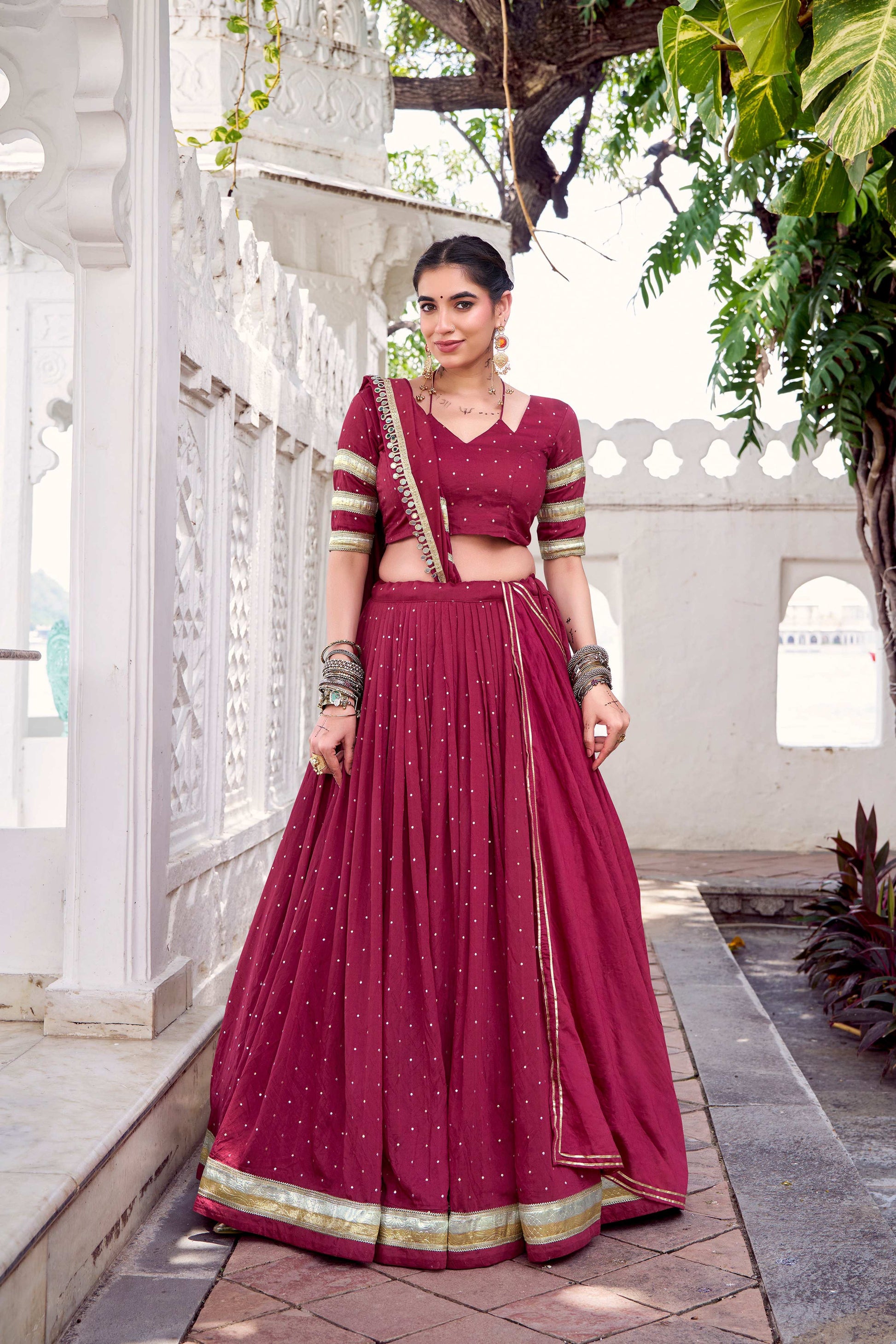 Lorenvalley Fashion Maroon Pure Chanderi Zari Weaving Work With Embossed Design Lace Touch Up Lehenga Choli with Dupatta 