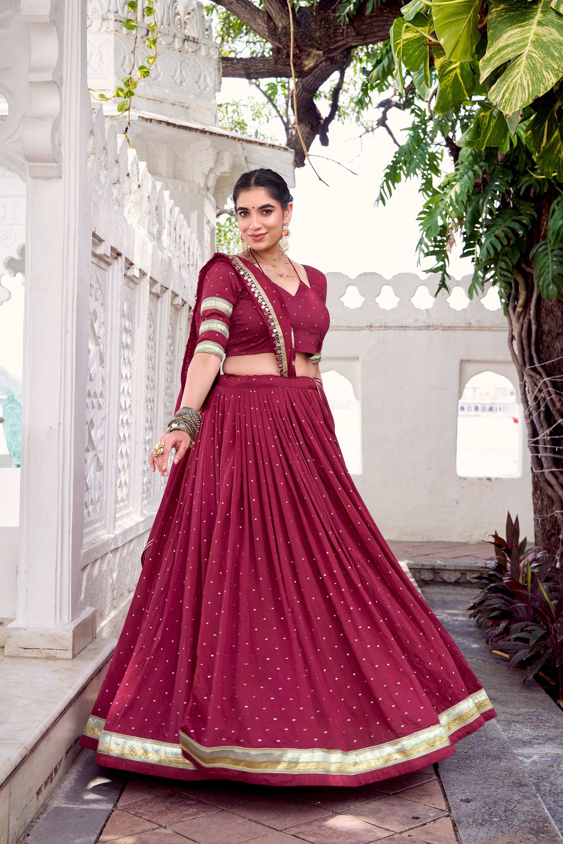 Lorenvalley Fashion Maroon Pure Chanderi Zari Weaving Work With Embossed Design Lace Touch Up Lehenga Choli with Dupatta 