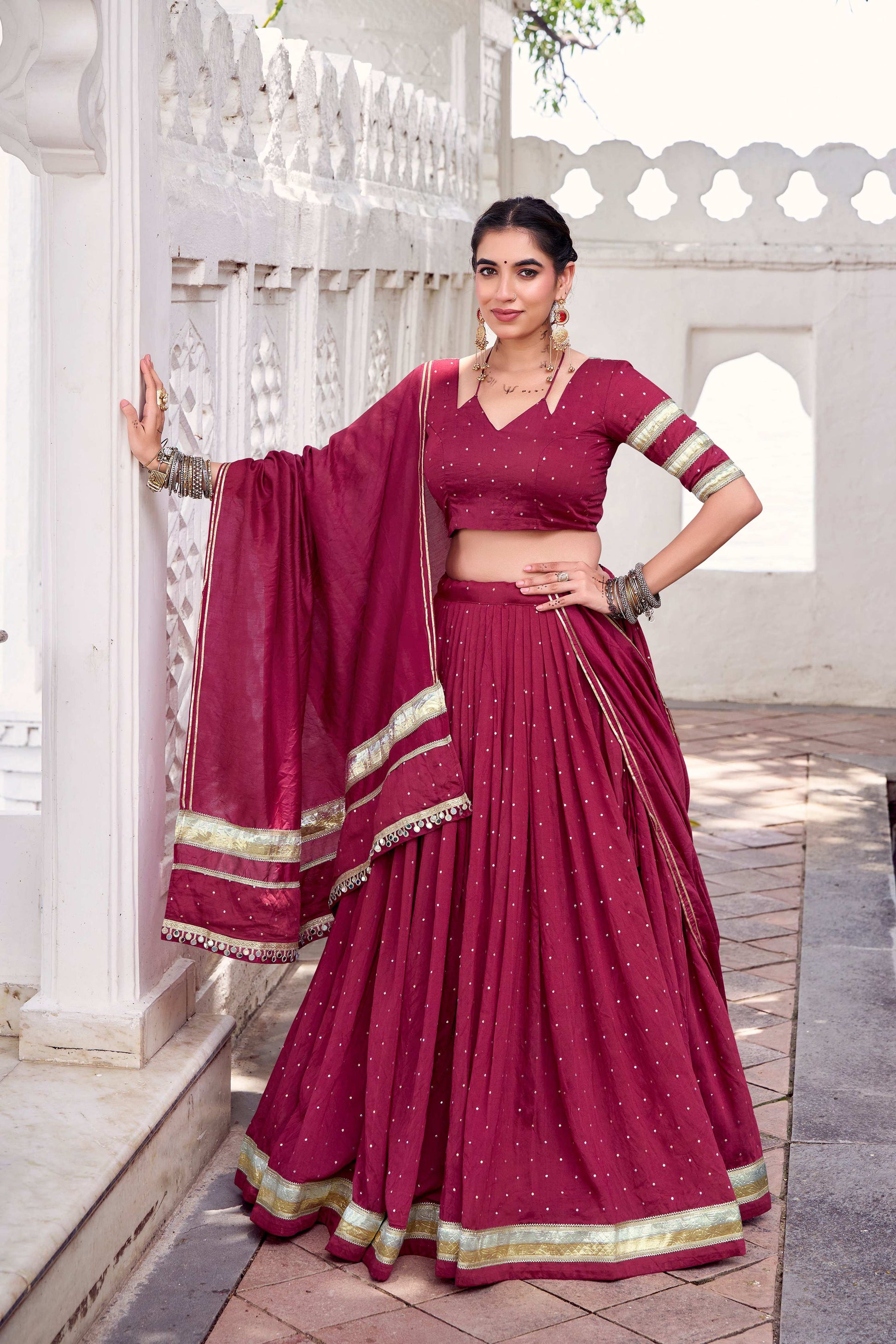 Lorenvalley Fashion Maroon Pure Chanderi Zari Weaving Work With Embossed Design Lace Touch Up Lehenga Choli with Dupatta 