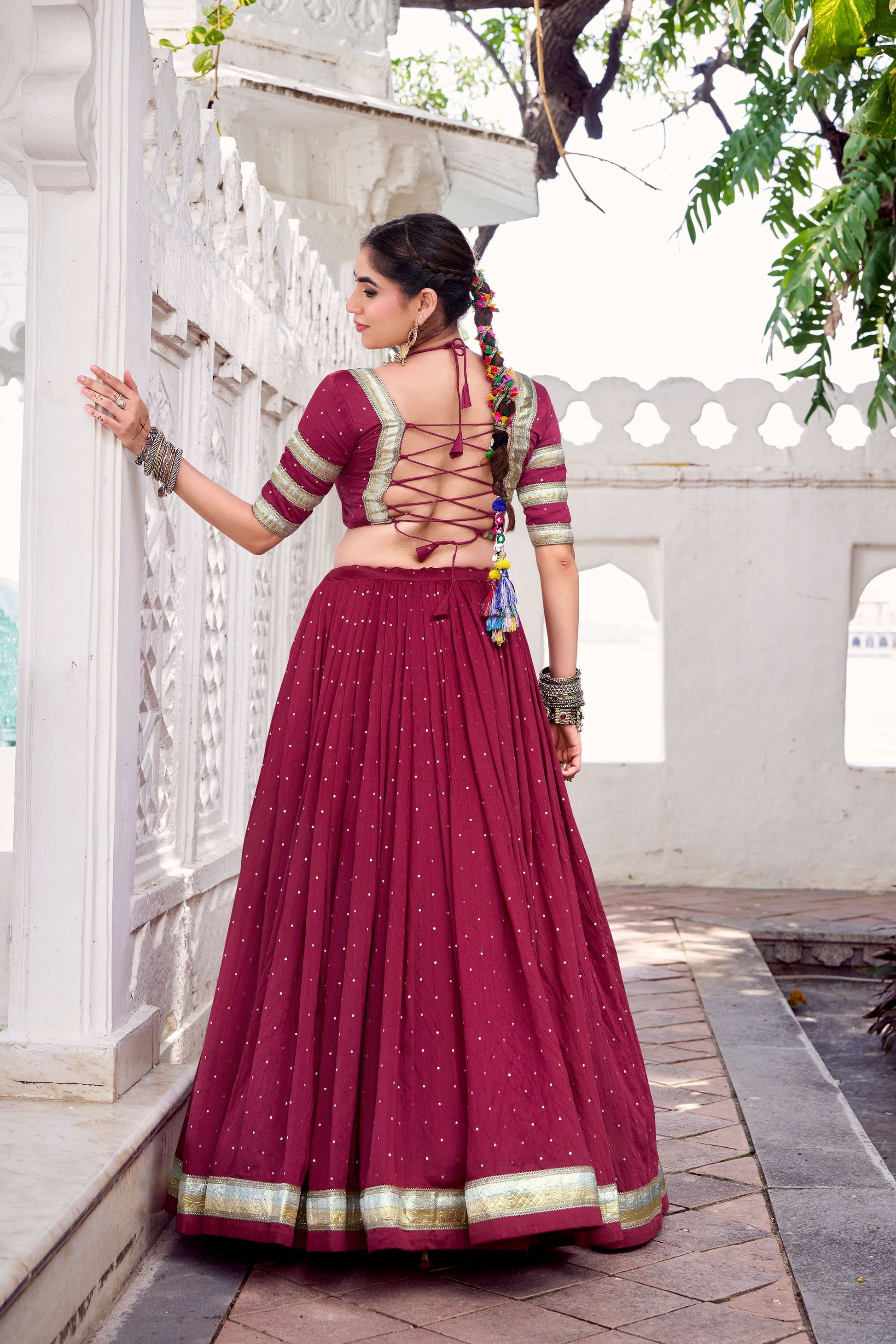 Lorenvalley Fashion Maroon Pure Chanderi Zari Weaving Work With Embossed Design Lace Touch Up Lehenga Choli with Dupatta 
