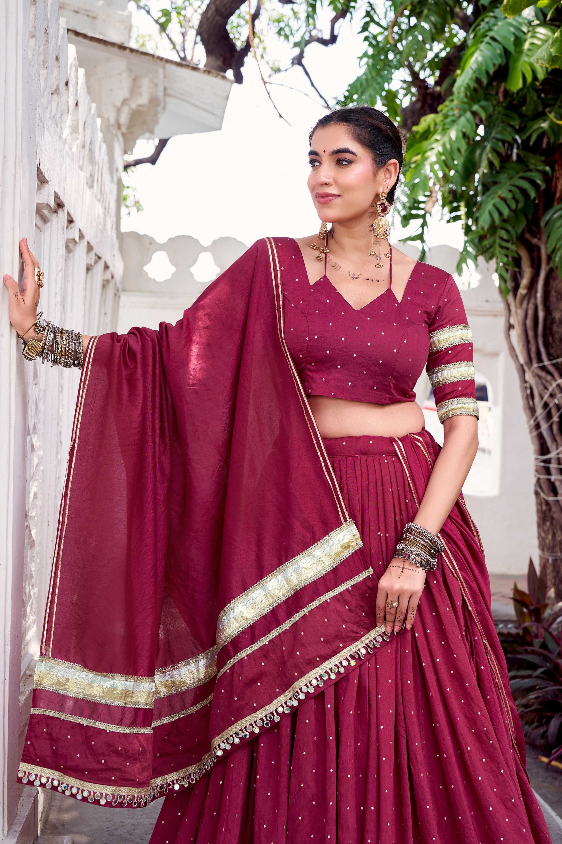 Lorenvalley Fashion Maroon Pure Chanderi Zari Weaving Work With Embossed Design Lace Touch Up Lehenga Choli with Dupatta 