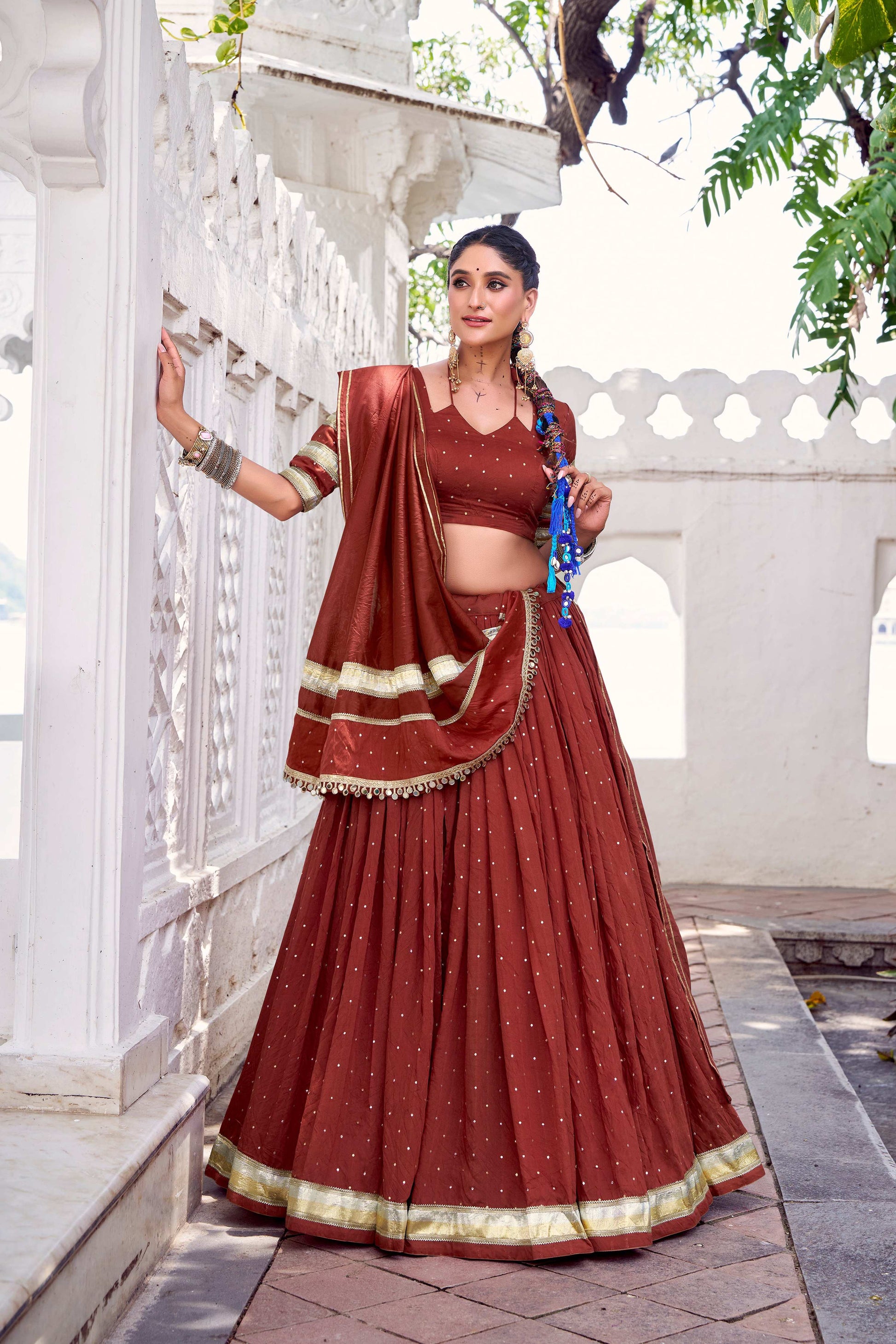 Lorenvalley Fashion Rosegold Pure Chanderi Zari Weaving Work With Embossed Design Lace Touch Up Lehenga Choli with Dupatta 