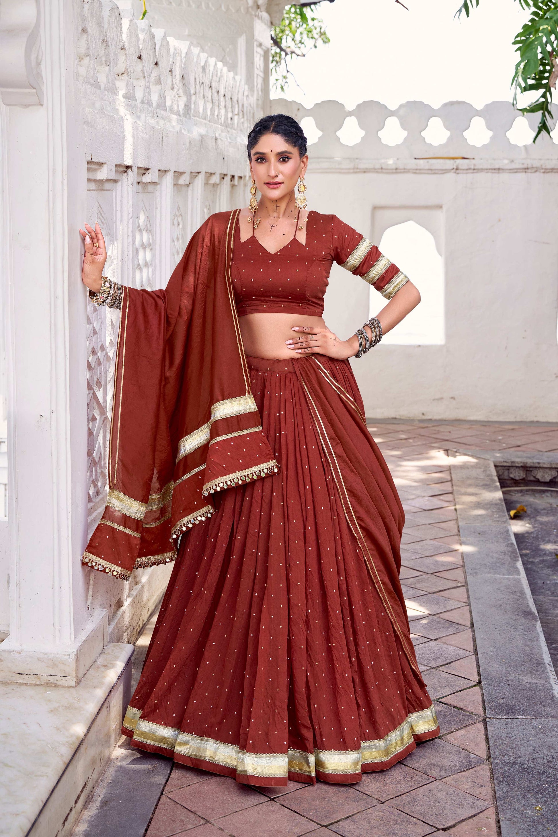 Lorenvalley Fashion Rosegold Pure Chanderi Zari Weaving Work With Embossed Design Lace Touch Up Lehenga Choli with Dupatta 