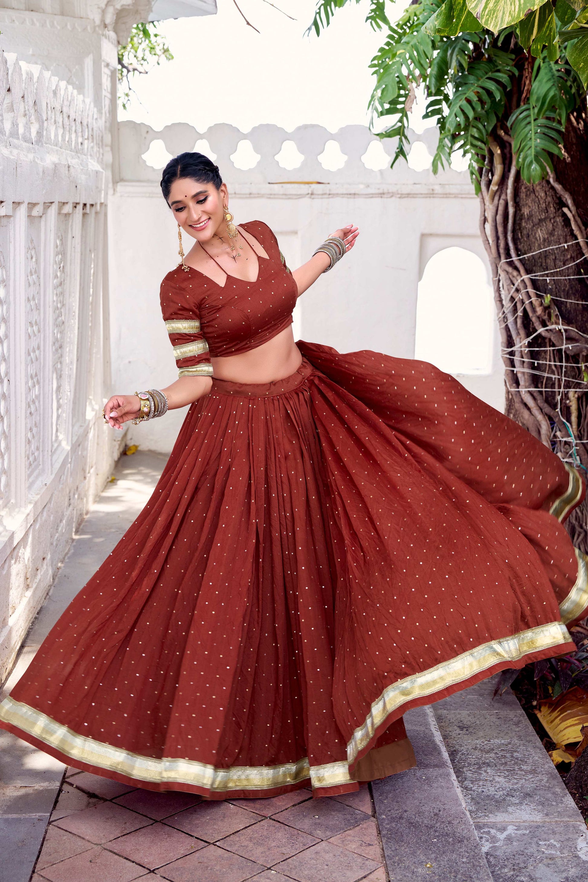 Lorenvalley Fashion Rosegold Pure Chanderi Zari Weaving Work With Embossed Design Lace Touch Up Lehenga Choli with Dupatta 