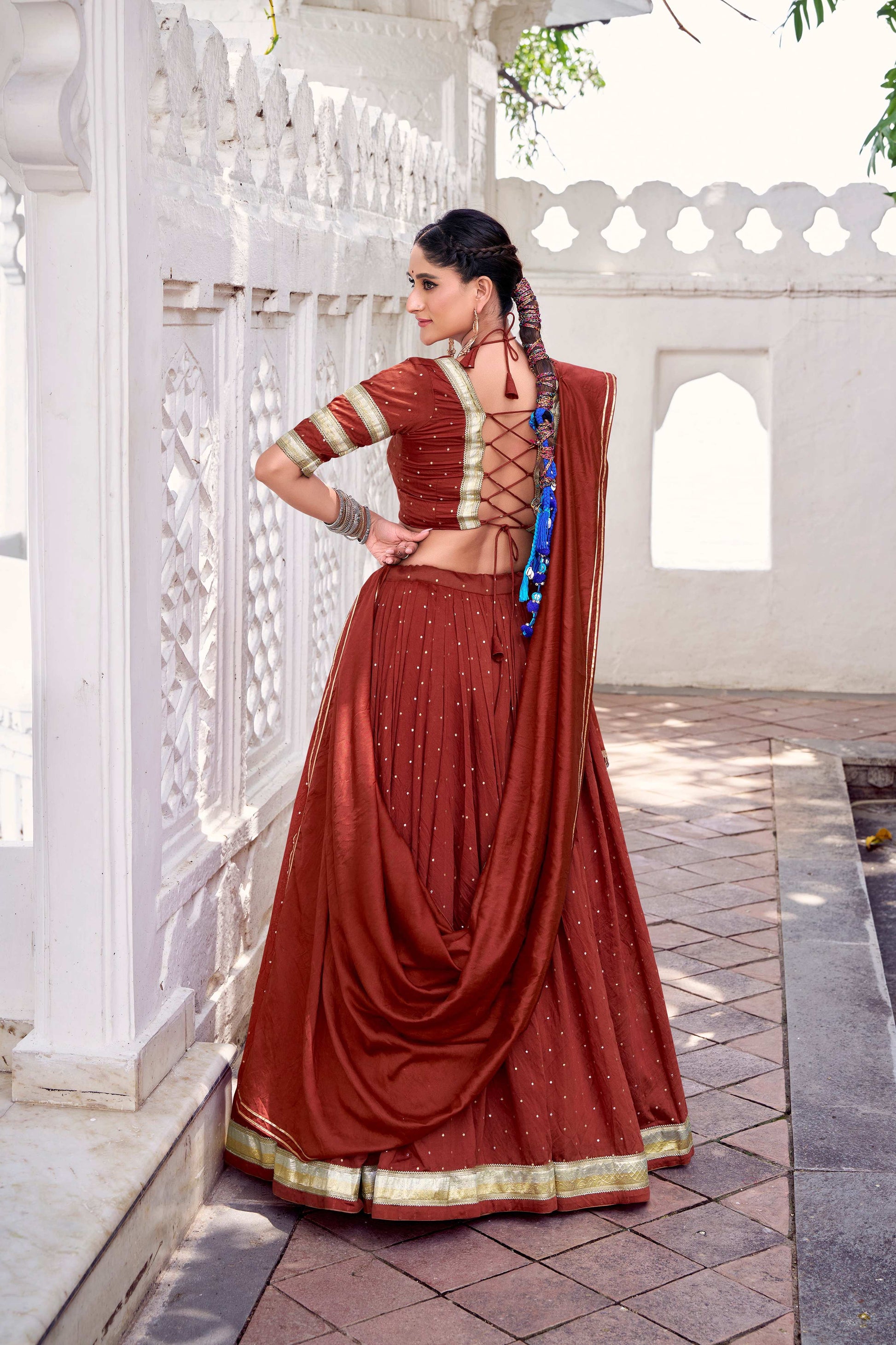 Lorenvalley Fashion Rosegold Pure Chanderi Zari Weaving Work With Embossed Design Lace Touch Up Lehenga Choli with Dupatta 