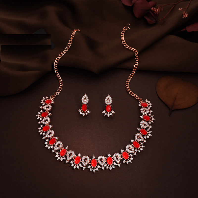 Tehzeeb Creations Red Colour Ad Studded Necklace Jewellery Set With Matching Earrings For Women And Girls Tehzeeb Creations