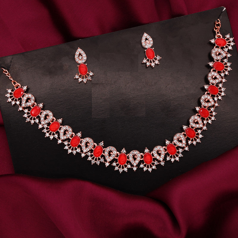 Tehzeeb Creations Red Colour Ad Studded Necklace Jewellery Set With Matching Earrings For Women And Girls Tehzeeb Creations
