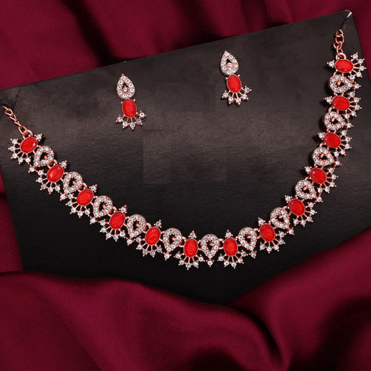 Tehzeeb Creations Red Colour Ad Studded Necklace Jewellery Set With Matching Earrings For Women And Girls Tehzeeb Creations
