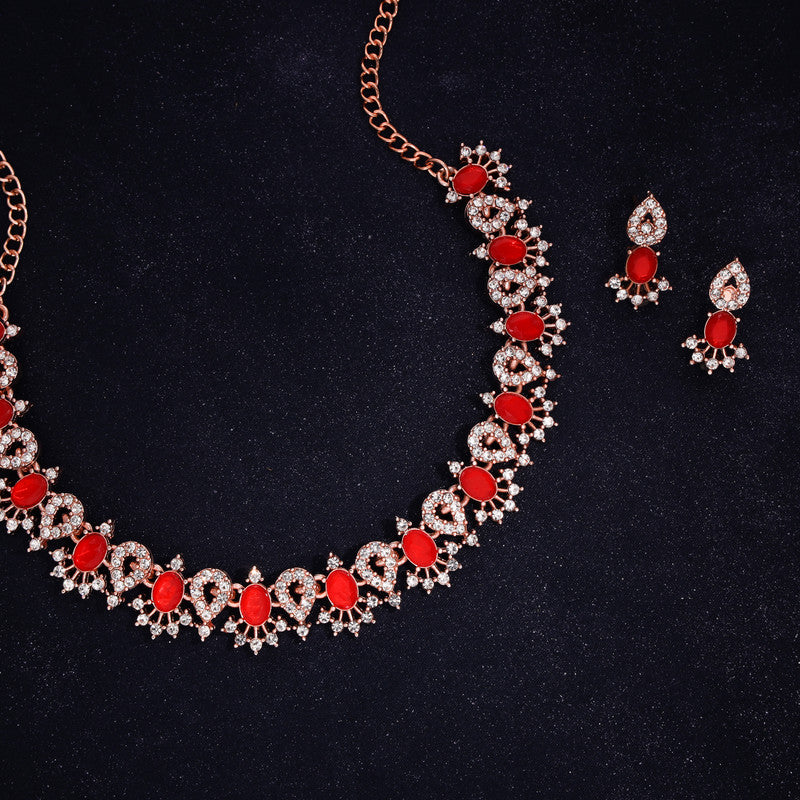 Tehzeeb Creations Red Colour Ad Studded Necklace Jewellery Set With Matching Earrings For Women And Girls Tehzeeb Creations