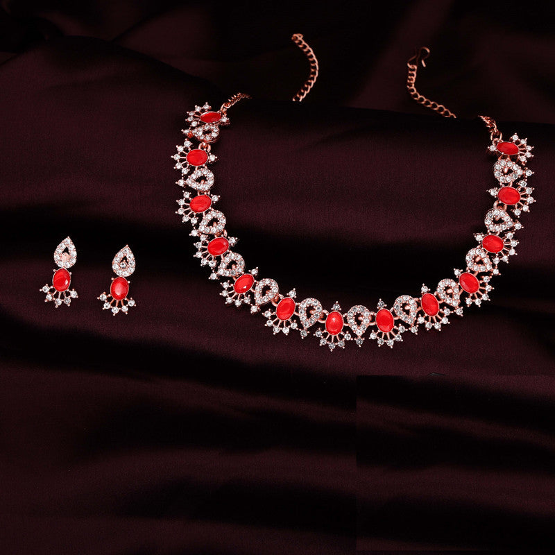 Tehzeeb Creations Red Colour Ad Studded Necklace Jewellery Set With Matching Earrings For Women And Girls Tehzeeb Creations