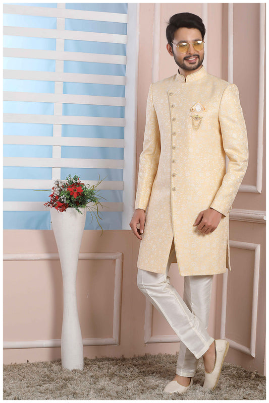Raivat Ethnic Jacquard Silk Thread Work Indo Western In Yellow Colour