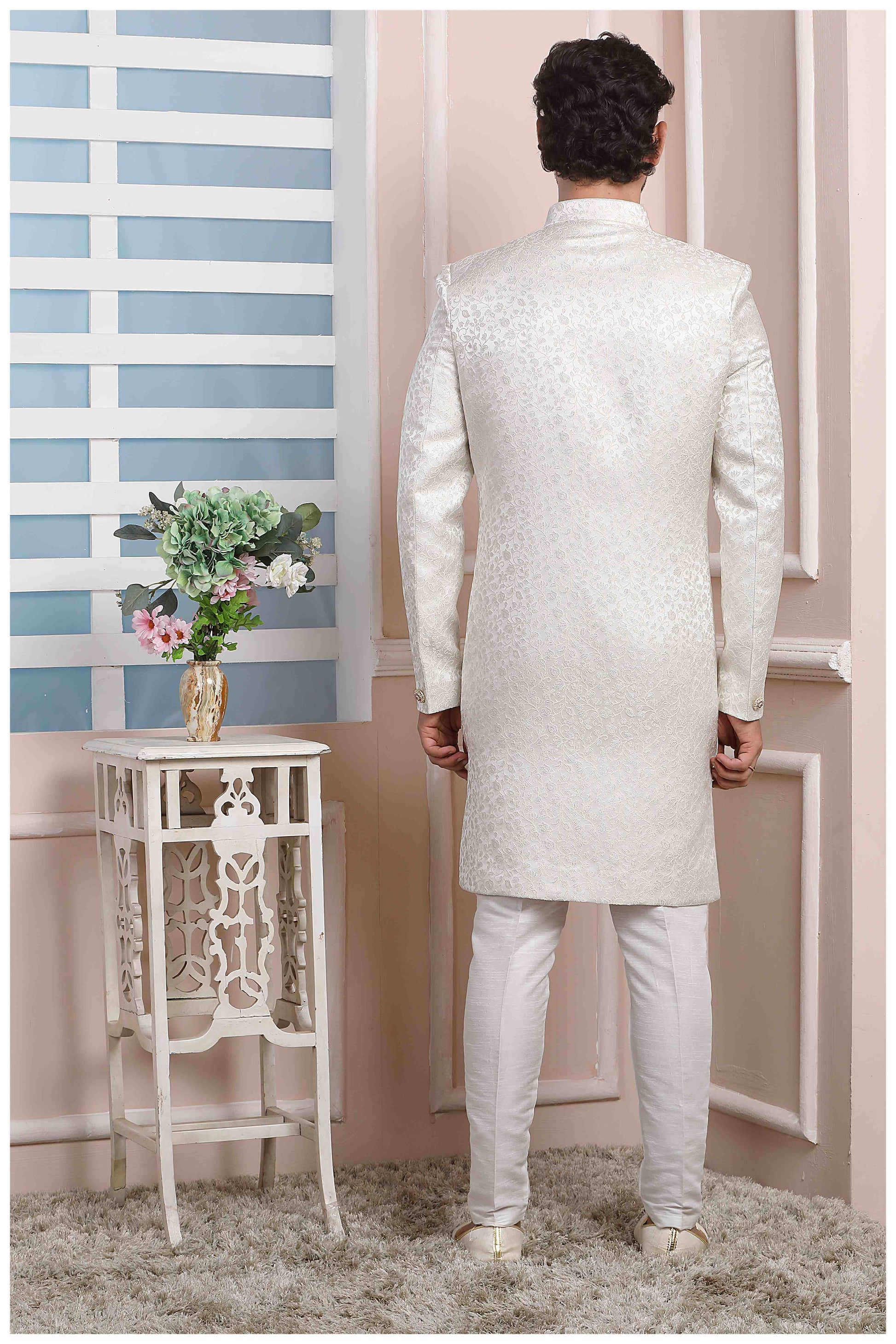 Raivat Ethnic Jacquard Silk Thread Work Indo Western In Cream Colour