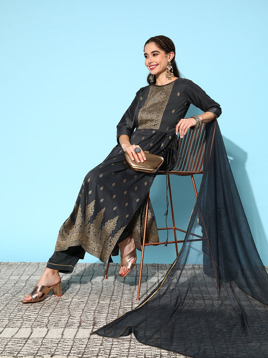 Sangria Ethnic Motifs Yoke Design Pleated Chanderi Silk Kurta with Trousers & With Dupatta - Grab2buy