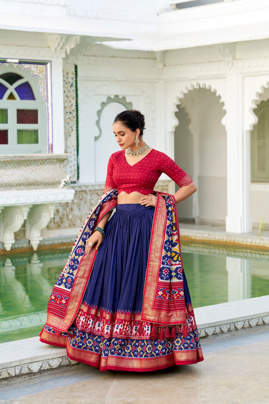 Lorenvalley Navyblue Tussar Silk Patola Print With foil work Lehenga Choli 